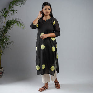 Black & Yellow Shibori Tie-Dye Mul Cotton Long Kurta