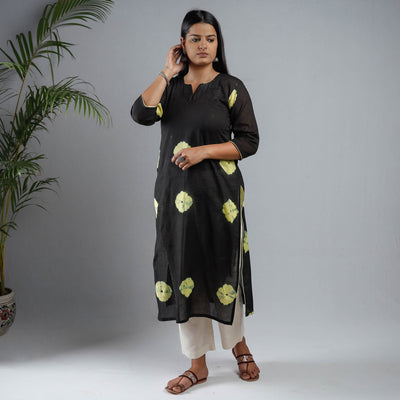 Black & Yellow Shibori Tie-Dye Mul Cotton Long Kurta