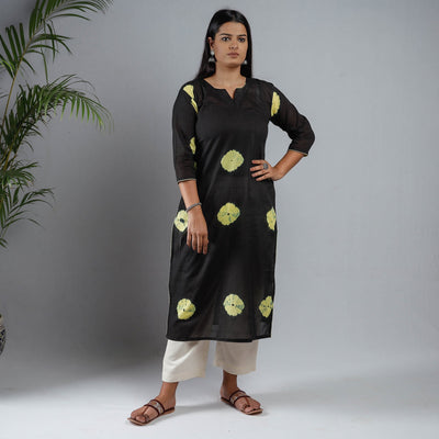 Black & Yellow Shibori Tie-Dye Mul Cotton Long Kurta