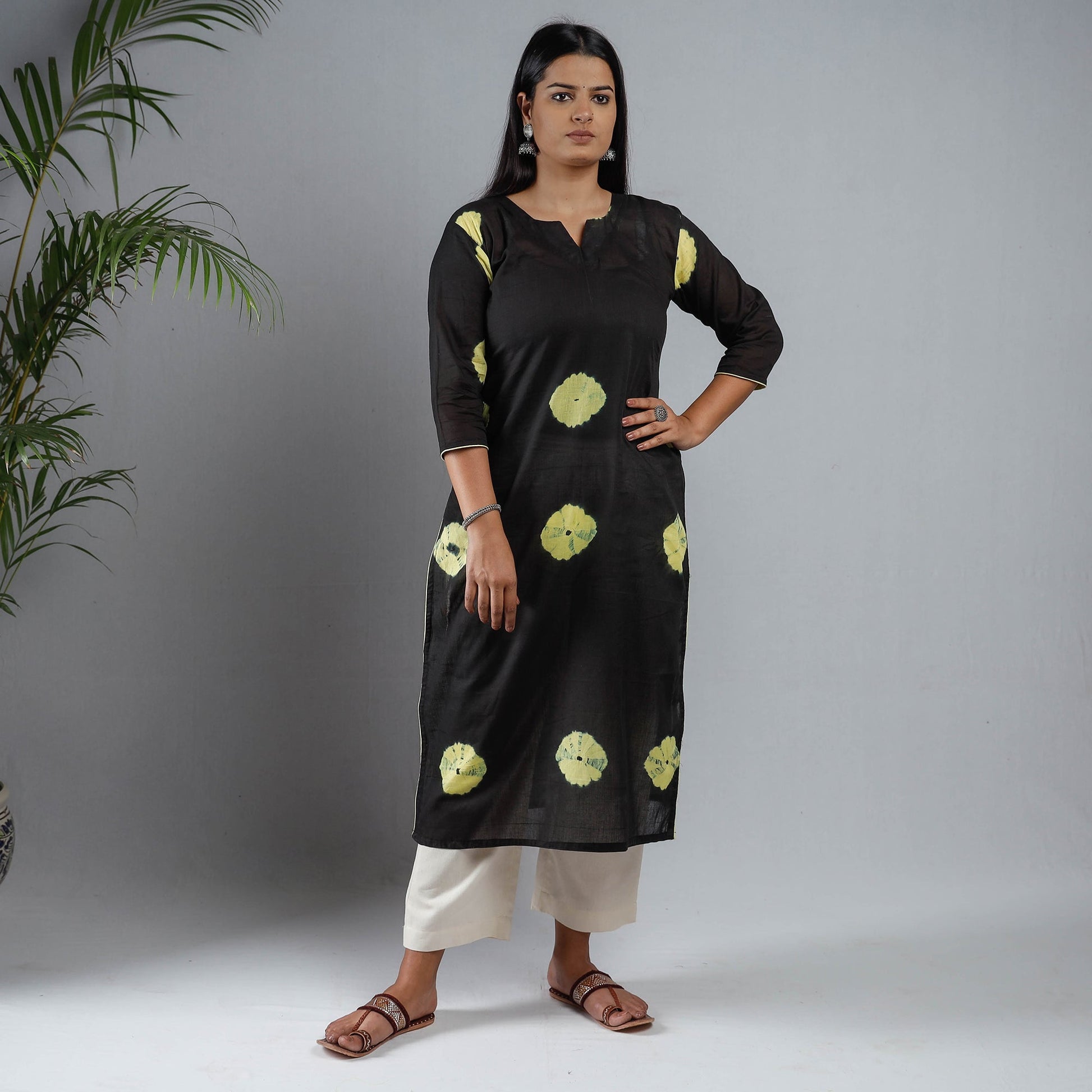 Black & Yellow Shibori Tie-Dye Mul Cotton Long Kurta