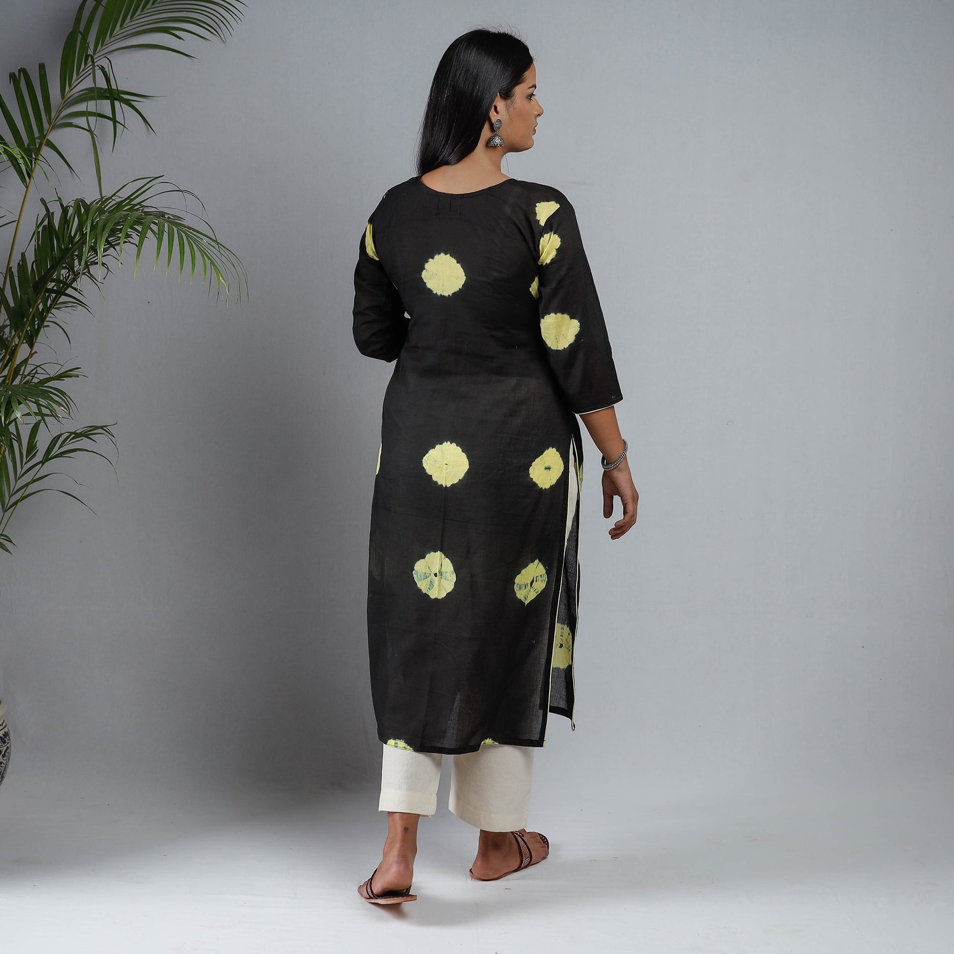 Black & Yellow Shibori Tie-Dye Mul Cotton Long Kurta
