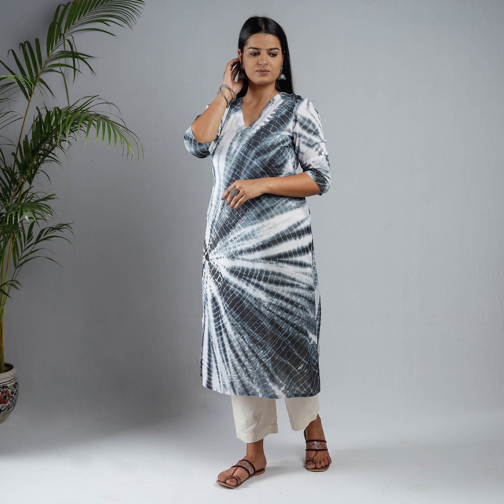 Black & White - Shibori Tie-Dye Mul Cotton Long Kurta