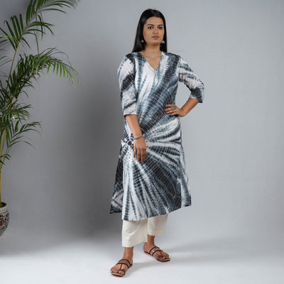 Black & White - Shibori Tie-Dye Mul Cotton Long Kurta