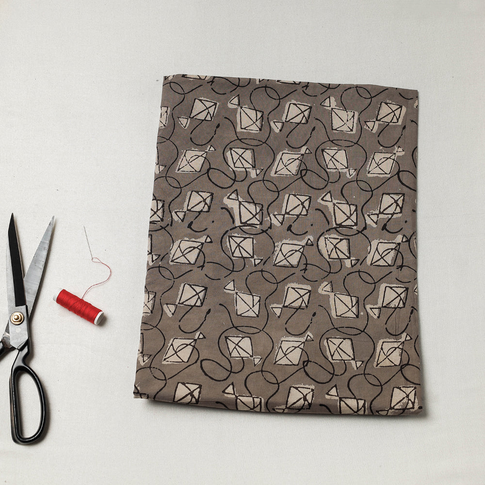 Brown - Bindaas Block Art Printed Cotton Natural Dyed Precut Fabric (0.9 meter)