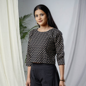 Black - Sanganeri Hand Block Prints Full Sleeve Cotton Crop Top