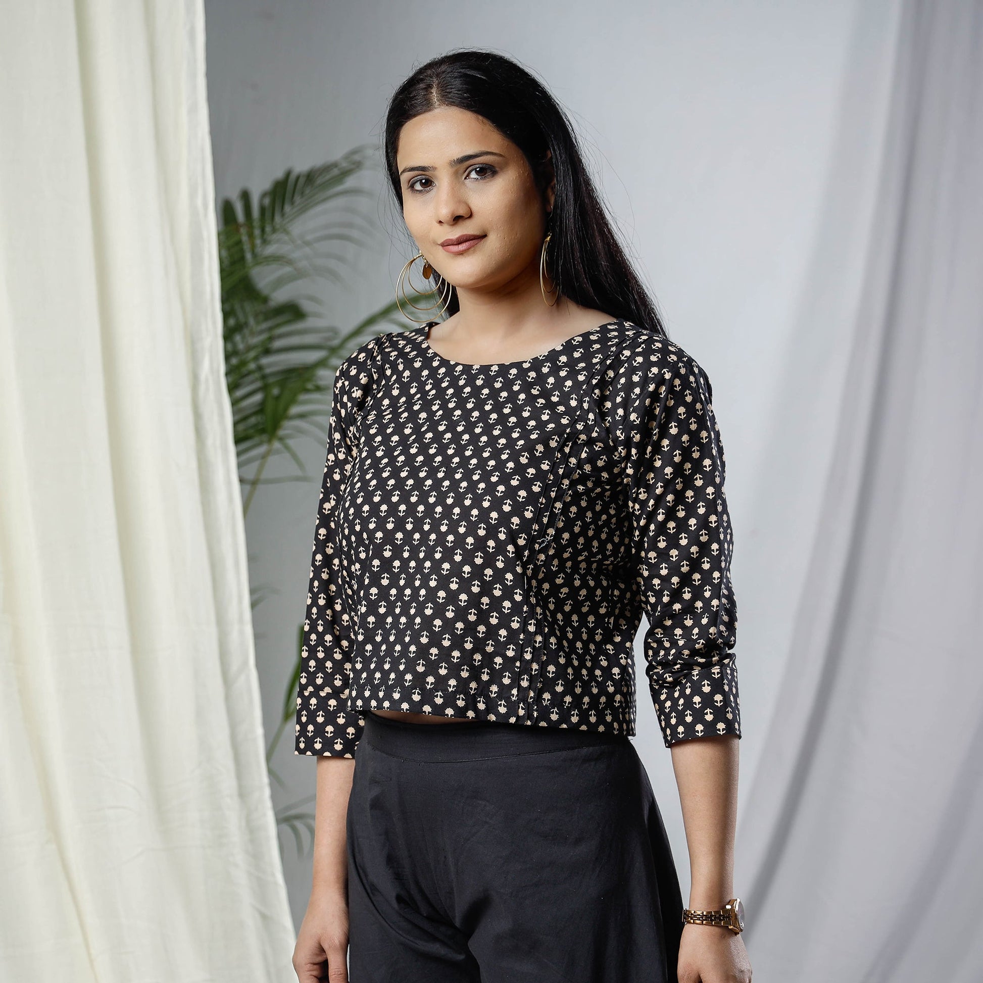 Black - Sanganeri Hand Block Prints Full Sleeve Cotton Crop Top