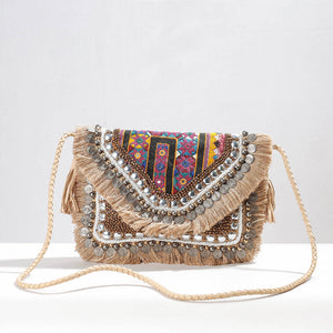 Beige - Banjara Vintage Embroidery Mirror, Bead & Coin Work Sling Bag