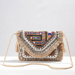 Beige - Banjara Vintage Embroidery Mirror, Bead & Coin Work Sling Bag