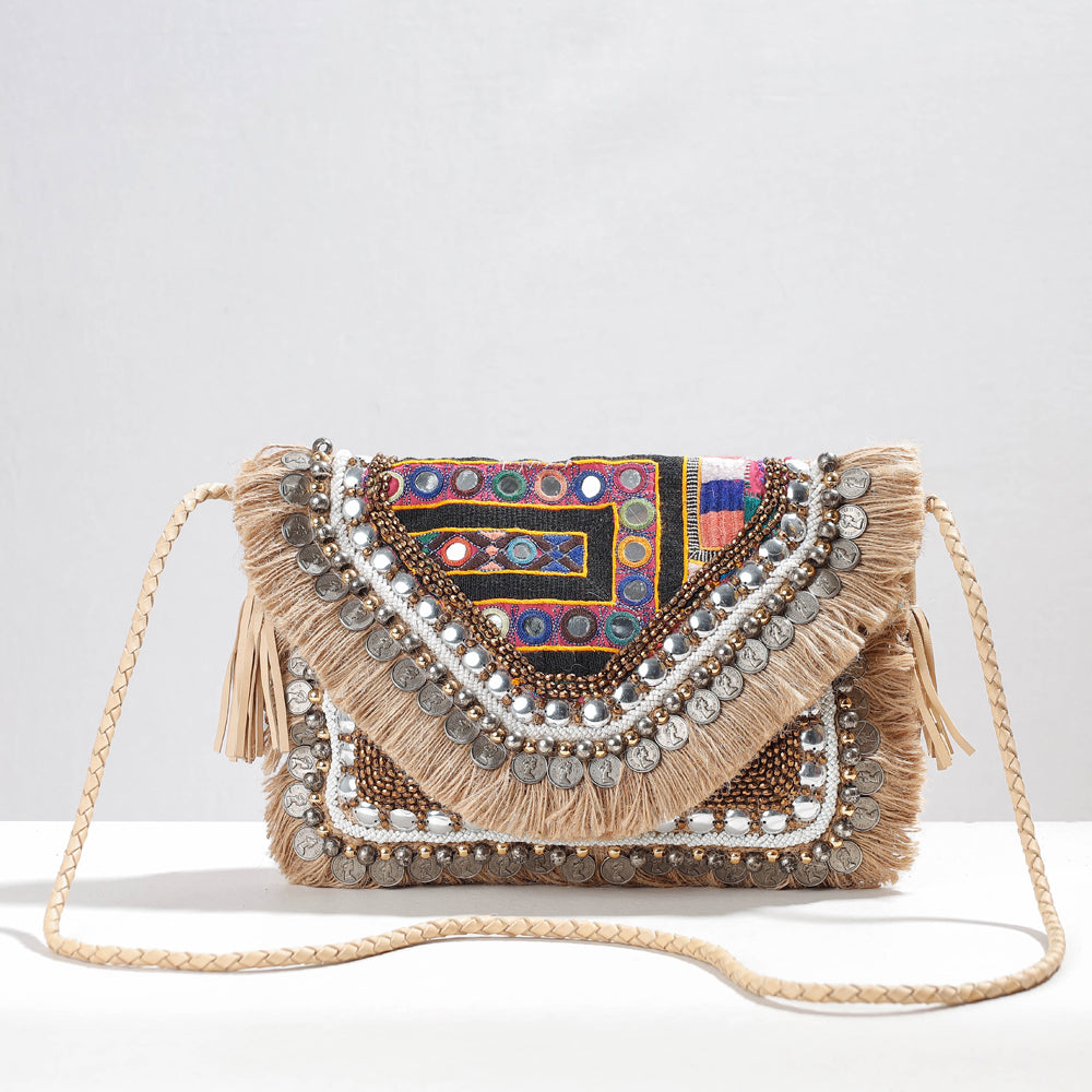 Beige - Banjara Vintage Embroidery Mirror, Bead & Coin Work Sling Bag
