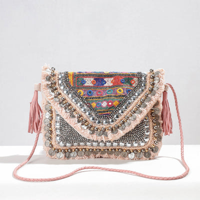Beige - Banjara Vintage Embroidery Mirror, Bead & Coin Work Sling Bag
