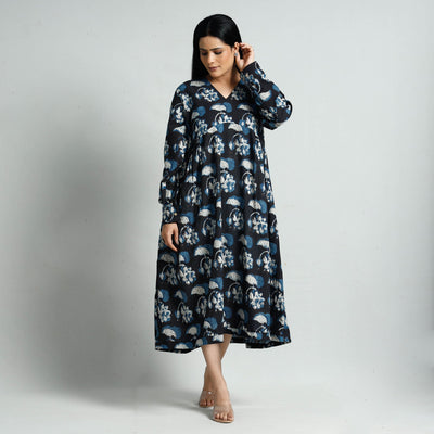 Black - Bagru Block Printed Cotton Flared Dress