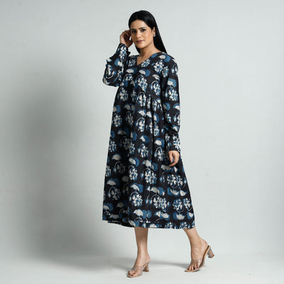 Black - Bagru Block Printed Cotton Flared Dress