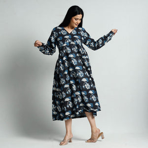 Black - Bagru Block Printed Cotton Flared Dress