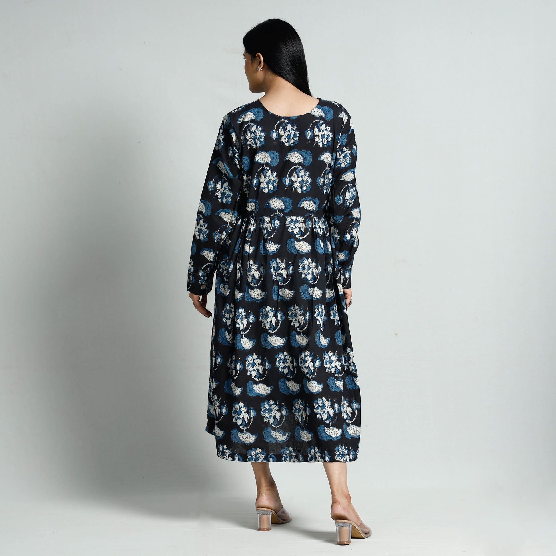 Black - Bagru Block Printed Cotton Flared Dress
