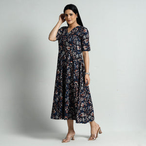 Black - Bagru Block Printed Cotton Flared Dress