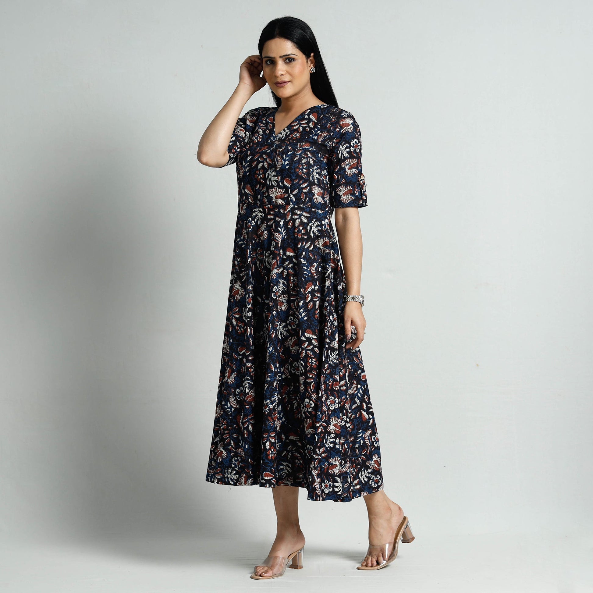 Black - Bagru Block Printed Cotton Flared Dress