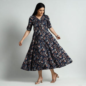 Black - Bagru Block Printed Cotton Flared Dress