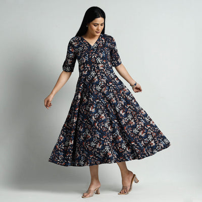 Black - Bagru Block Printed Cotton Flared Dress