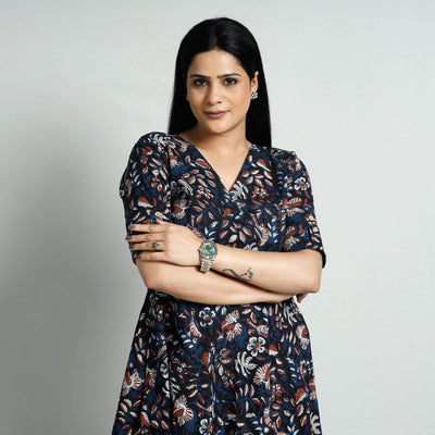 Black - Bagru Block Printed Cotton Flared Dress