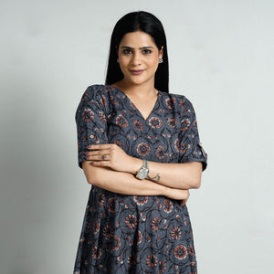 Blue - Bagru Block Printed Cotton Flared Dress