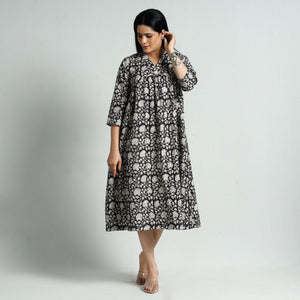 Black - Bagru Block Printed Cotton Flared Dress