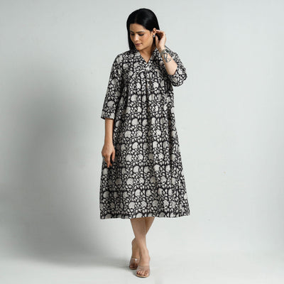 Black - Bagru Block Printed Cotton Flared Dress