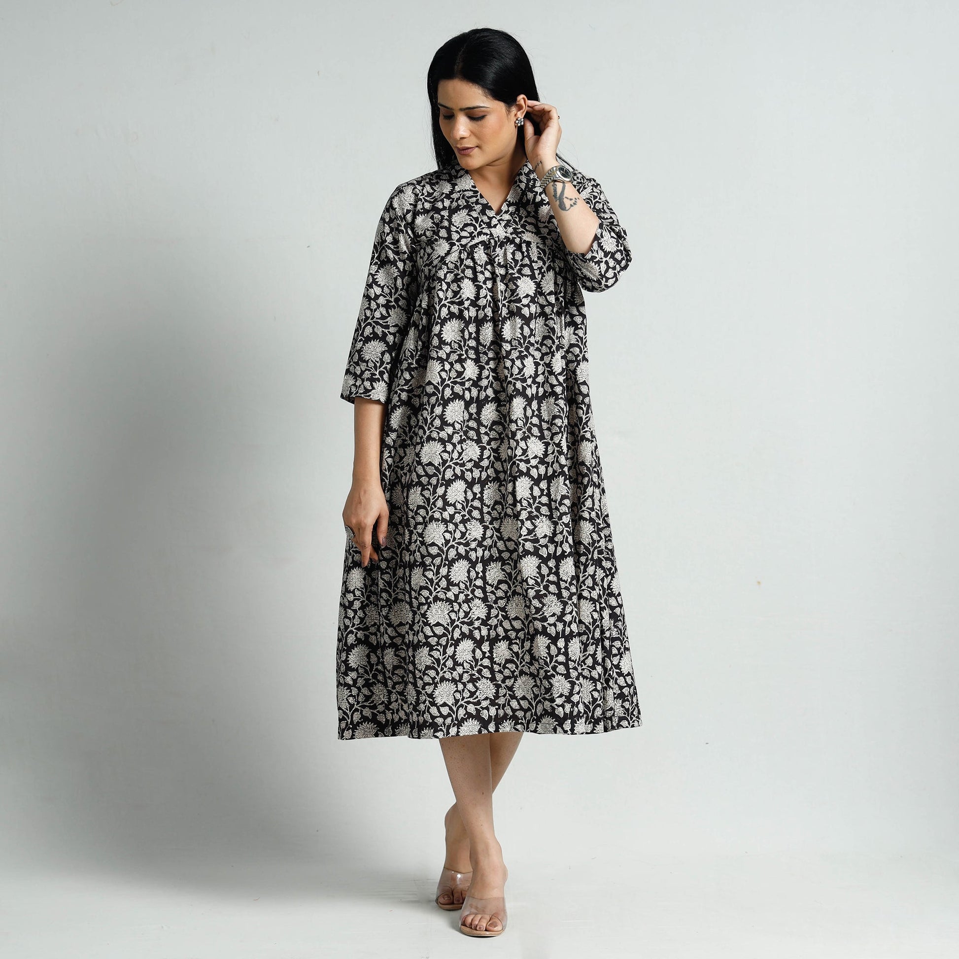 Black - Bagru Block Printed Cotton Flared Dress