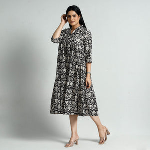 Black - Bagru Block Printed Cotton Flared Dress
