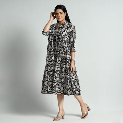 Black - Bagru Block Printed Cotton Flared Dress