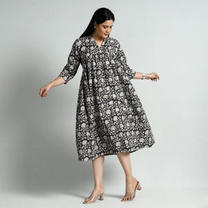 Black - Bagru Block Printed Cotton Flared Dress