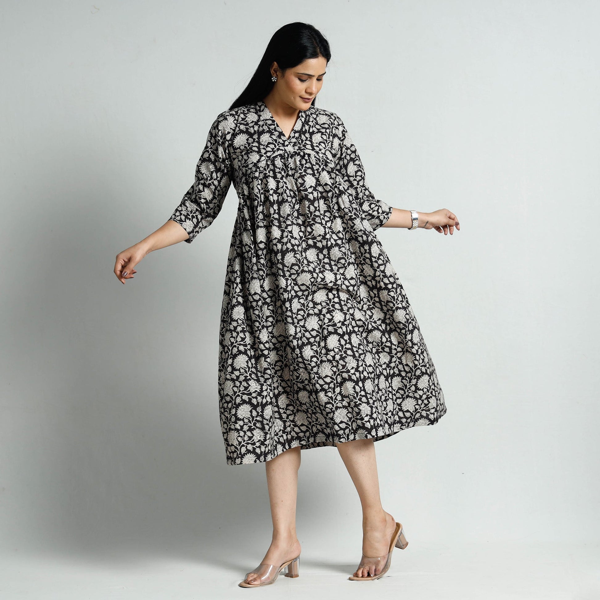 Black - Bagru Block Printed Cotton Flared Dress