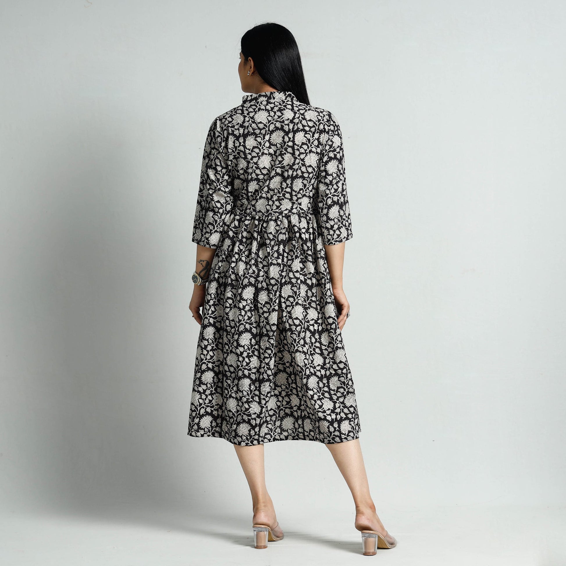 Black - Bagru Block Printed Cotton Flared Dress