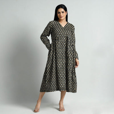 Black - Bagru Block Printed Cotton Flared Dress