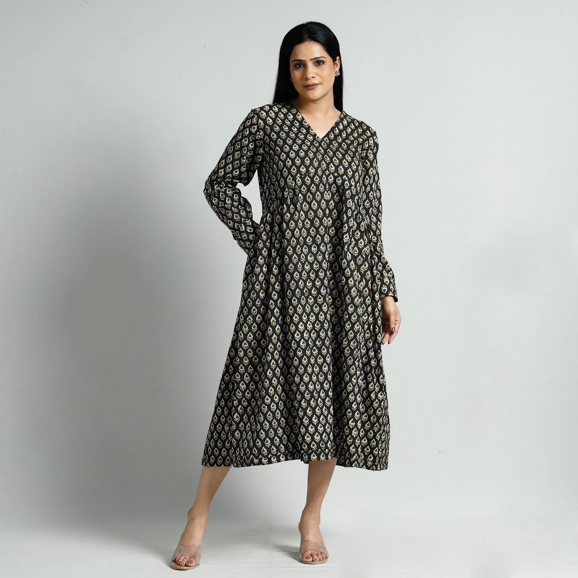 Black - Bagru Block Printed Cotton Flared Dress