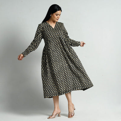 Black - Bagru Block Printed Cotton Flared Dress