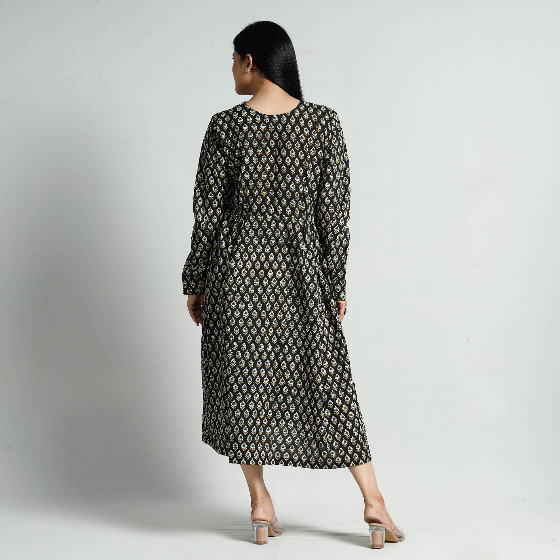 Black - Bagru Block Printed Cotton Flared Dress