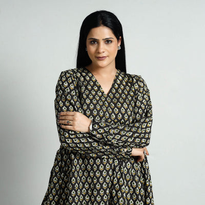 Black - Bagru Block Printed Cotton Flared Dress