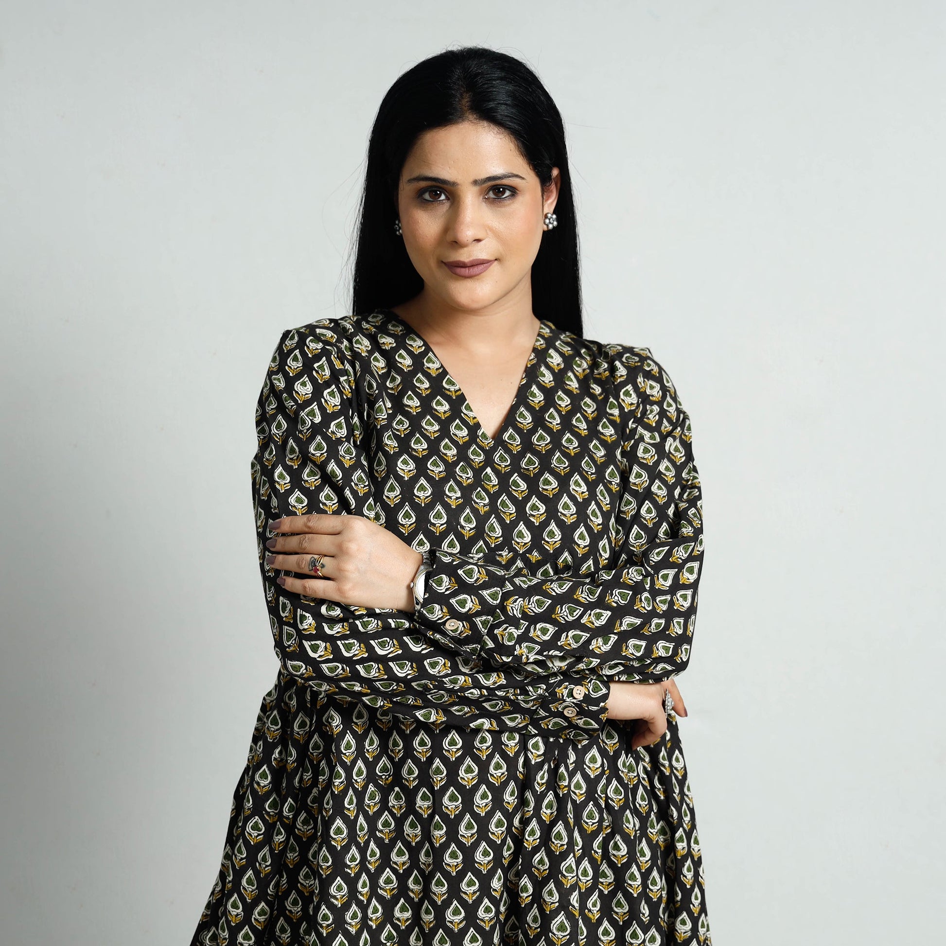 Black - Bagru Block Printed Cotton Flared Dress