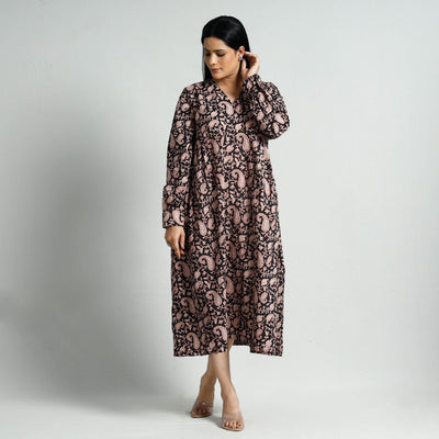 Black - Bagru Block Printed Cotton Flared Dress
