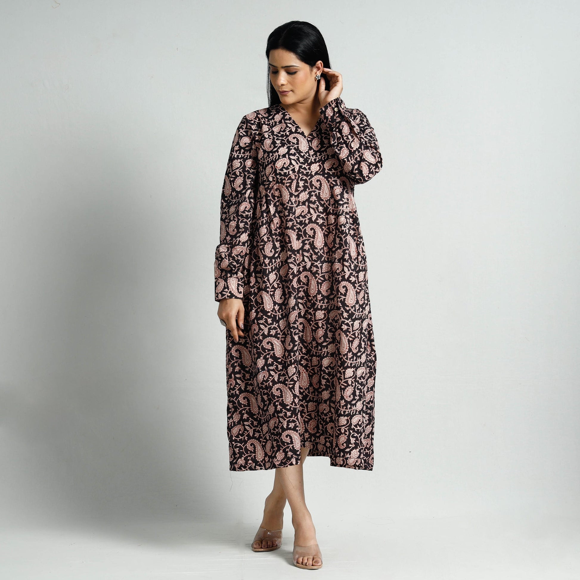Black - Bagru Block Printed Cotton Flared Dress