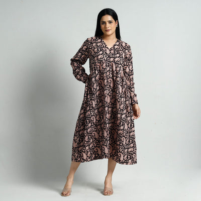 Black - Bagru Block Printed Cotton Flared Dress