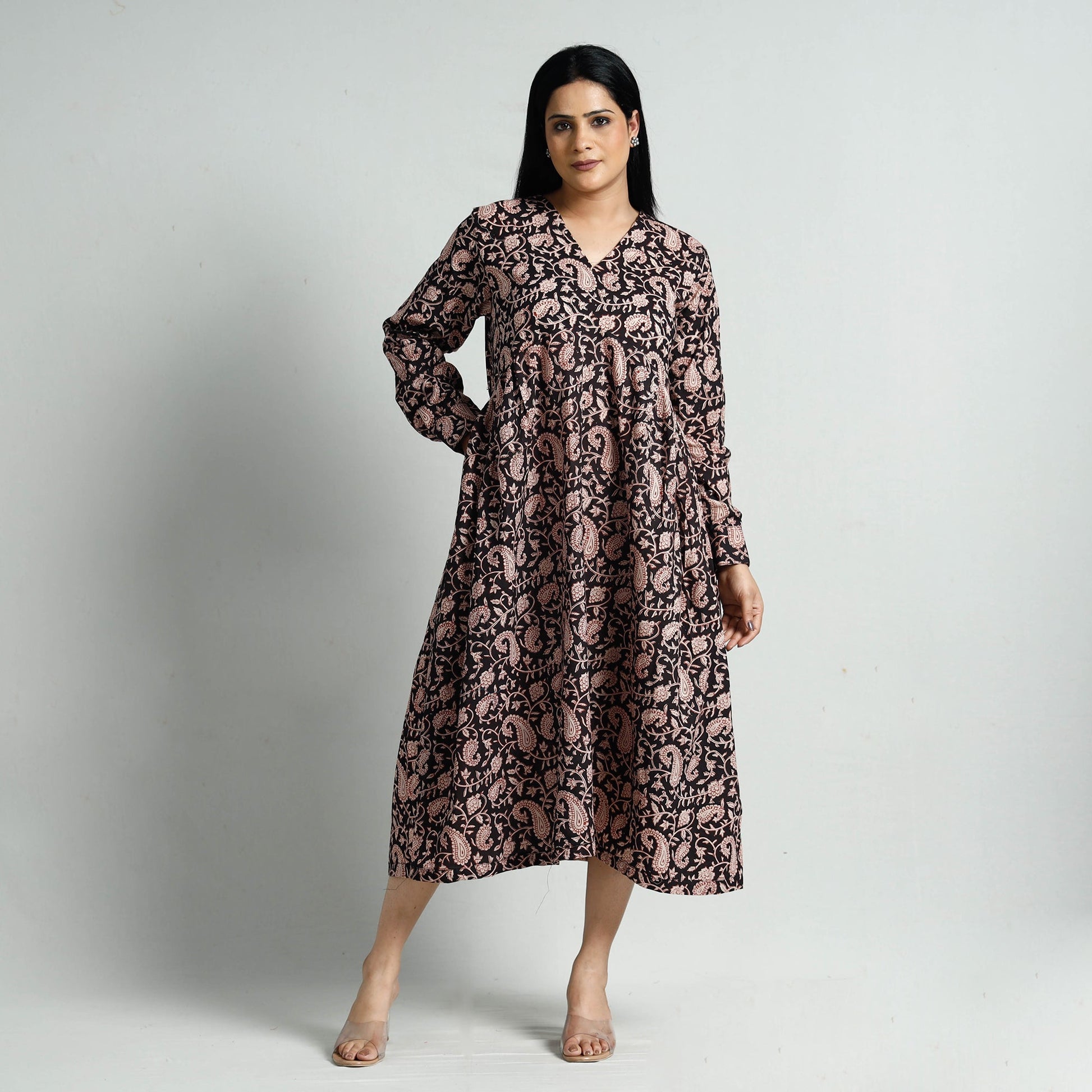 Black - Bagru Block Printed Cotton Flared Dress