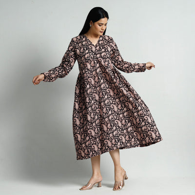 Black - Bagru Block Printed Cotton Flared Dress