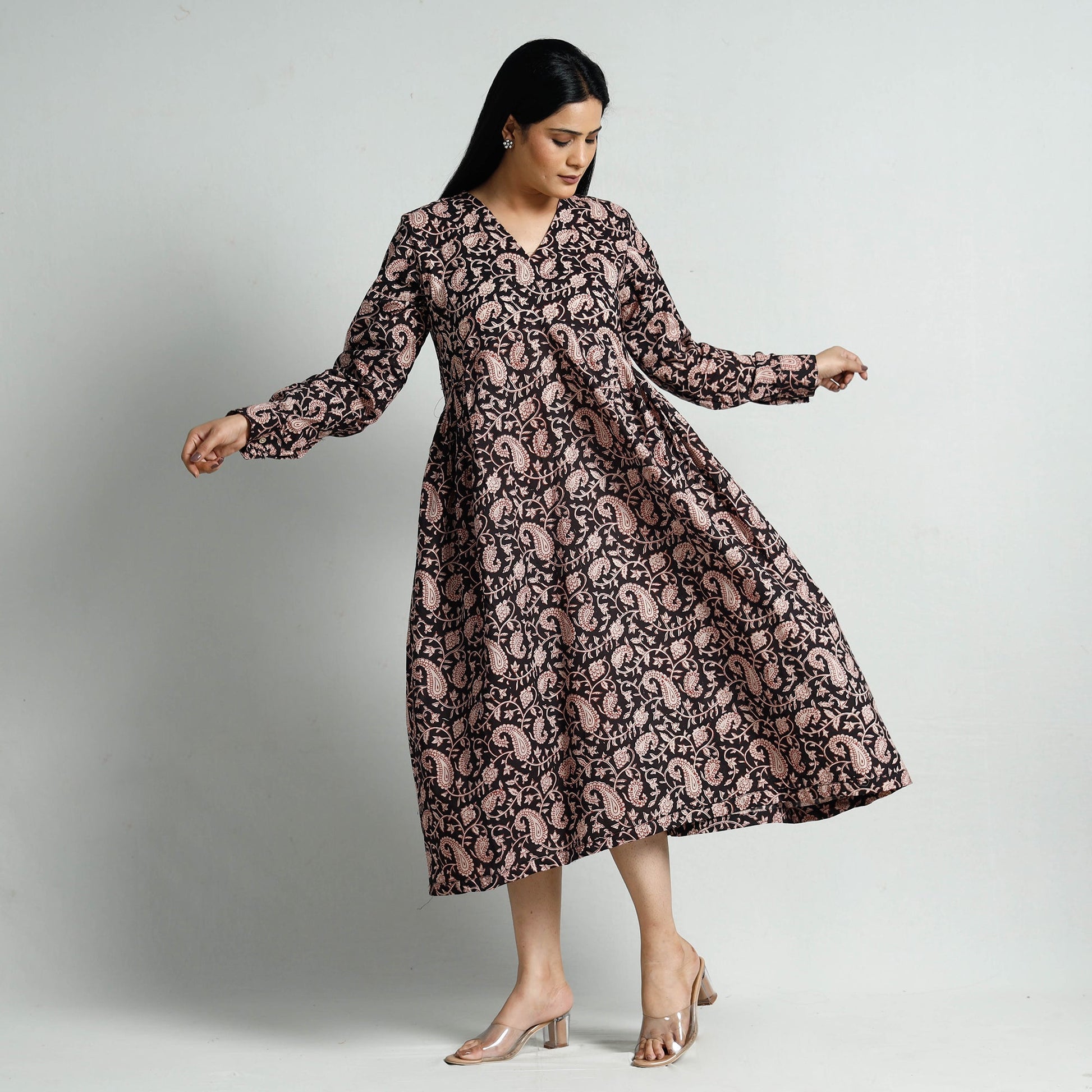 Black - Bagru Block Printed Cotton Flared Dress