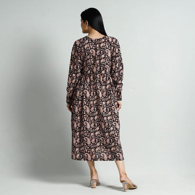 Black - Bagru Block Printed Cotton Flared Dress