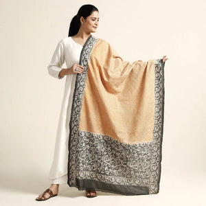 Beige - Bengal Kantha Embroidery Tussar Silk Handloom Dupatta