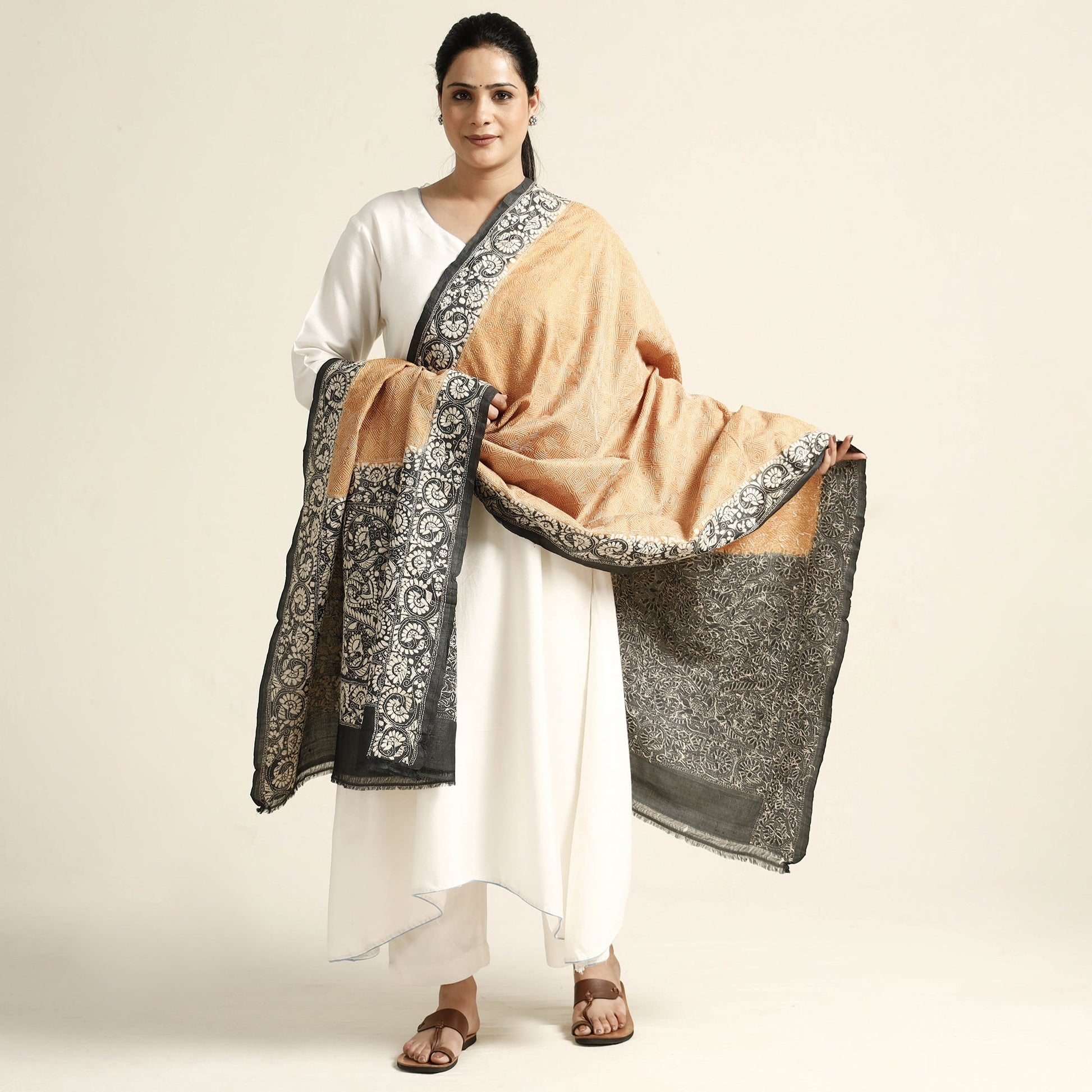 Beige - Bengal Kantha Embroidery Tussar Silk Handloom Dupatta