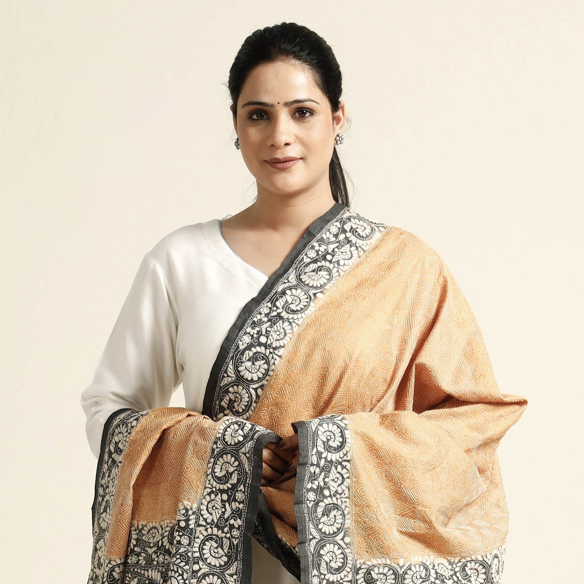 Beige - Bengal Kantha Embroidery Tussar Silk Handloom Dupatta