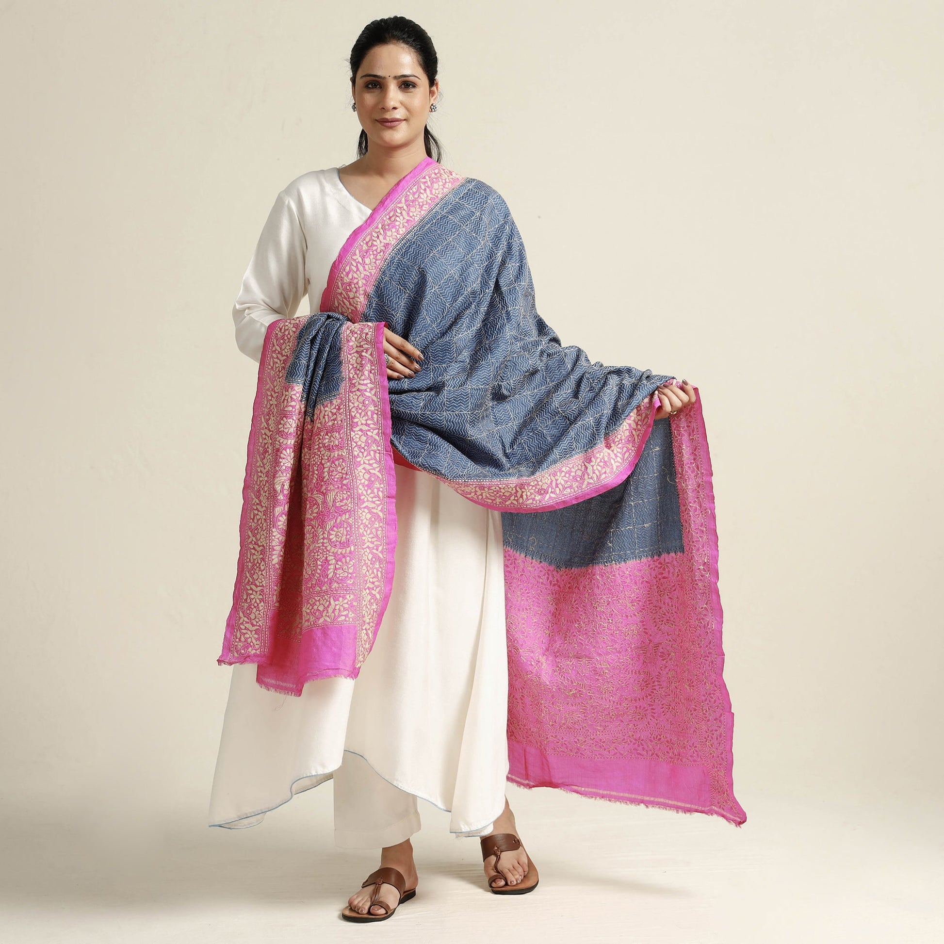 Blue - Bengal Kantha Embroidery Tussar Silk Handloom Dupatta