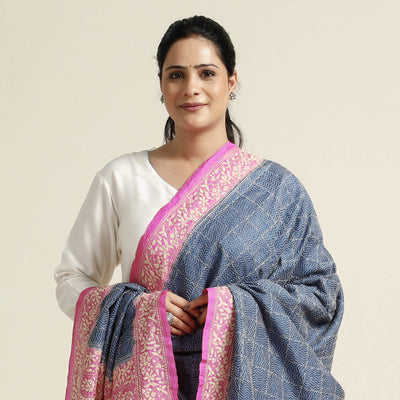 Blue - Bengal Kantha Embroidery Tussar Silk Handloom Dupatta